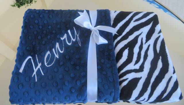 Navy Minky Baby Blanket, Zebra Cuddle Fabric, Personalized Usa Handcrafted - image 1
