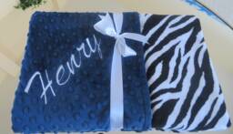 Navy Minky Baby Blanket, Zebra Cuddle Fabric, Personalized Usa Handcrafted - thumbnail 1
