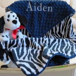 Navy Minky Baby Blanket, Zebra Cuddle Fabric, Personalized Usa Handcrafted - thumbnail 3