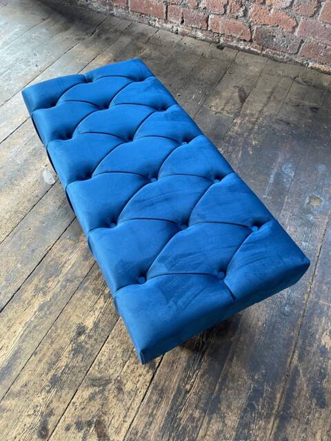 Handmade Chesterfield Ottoman Bench, Blue Velvet Upholstered Footstool - image 1