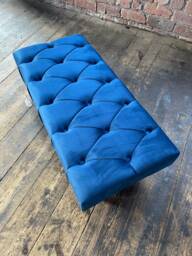 Handmade Chesterfield Ottoman Bench, Blue Velvet Upholstered Footstool - thumbnail 1