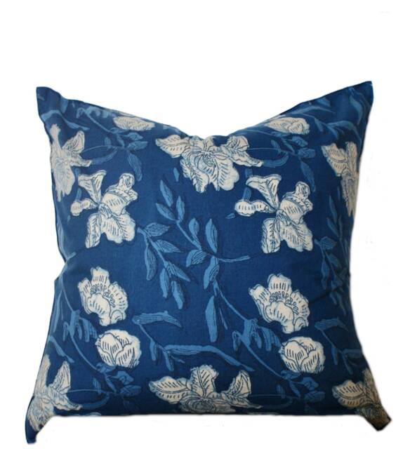 Hand Block Print Pillow Cover Vintage Indigo Flower, Farmhouse Decor - image 1