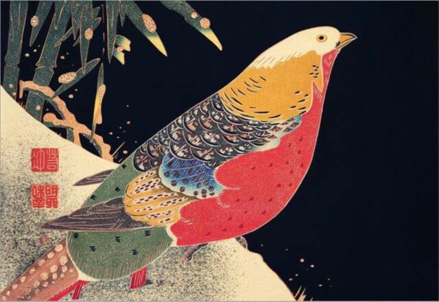 Vintage Golden Pheasant in The Snow Print, Japanese Print