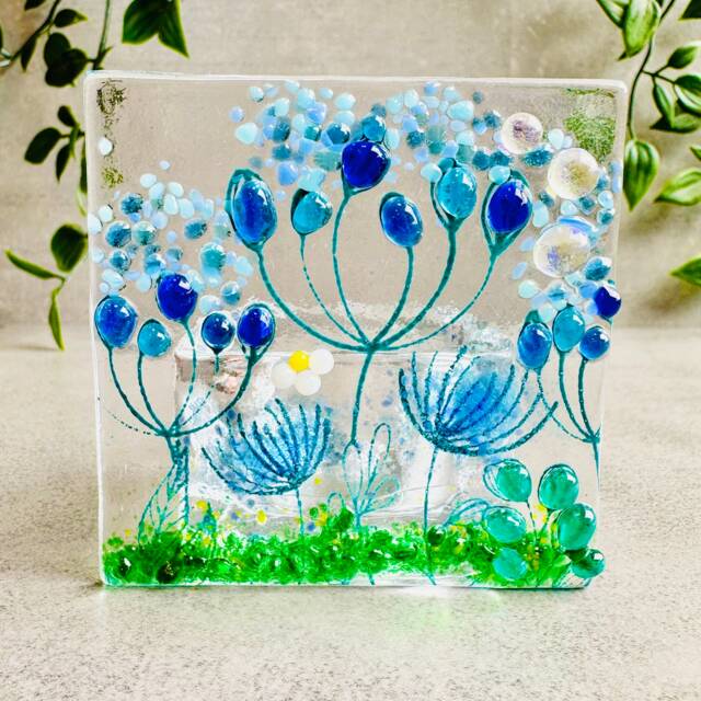 Fused Glass Tealight Holder Blue Flower Meadow Decoration - image 1