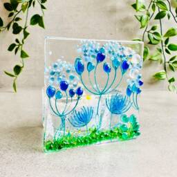 Fused Glass Tealight Holder Blue Flower Meadow Decoration - thumbnail 3