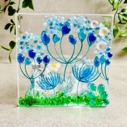 Fused Glass Tealight Holder Blue Flower Meadow Decoration - thumbnail 1