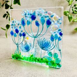 Fused Glass Tealight Holder Blue Flower Meadow Decoration - thumbnail 2