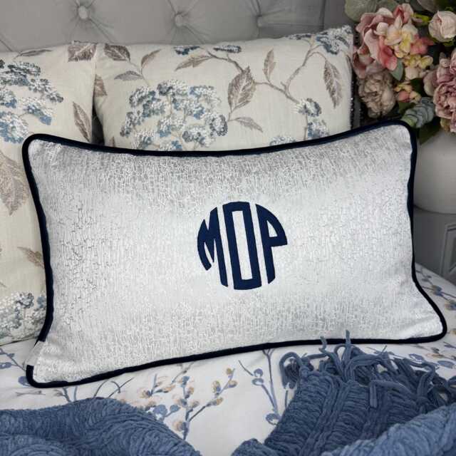 Embroidered Monogram Bolster Pillow, Personalized Initial Cushion - 12x20 Navy - Luxury White Gift - image 1