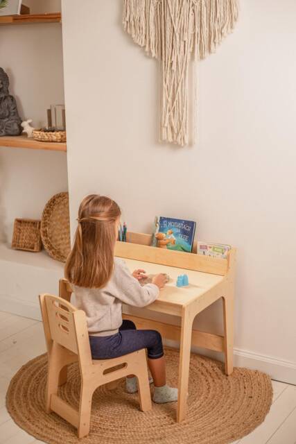 Desk & Chair Set For Toddler, Montessori Table With Bookshelf, Kids Board Game Table, Drawer, Minimalist Furniture - image 1