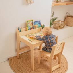 Desk & Chair Set For Toddler, Montessori Table With Bookshelf, Kids Board Game Table, Drawer, Minimalist Furniture - thumbnail 3