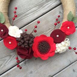 Christmas Wreath, Burlap Felt Flower Red, Brown Cream - thumbnail 2