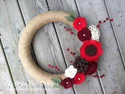Christmas Wreath, Burlap Felt Flower Red, Brown Cream - thumbnail 1