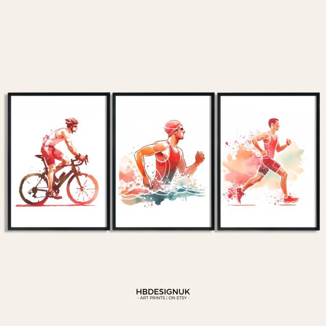 Mens Triathlon Print Set - 3 Posters - Wall Art Gifts Gift Swim, Cycle, Run Poster Triathlete Decor Athlete Artwork - image 1