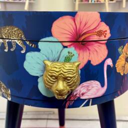 Gold Leaf & Navy Blue Side Table. Round Wooden Table With Drawer in Leopard Flamingo Personalised Nightstand - thumbnail 4