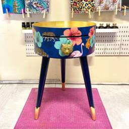 Gold Leaf & Navy Blue Side Table. Round Wooden Table With Drawer in Leopard Flamingo Personalised Nightstand - thumbnail 3
