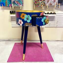 Gold Leaf & Navy Blue Side Table. Round Wooden Table With Drawer in Leopard Flamingo Personalised Nightstand