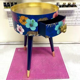 Gold Leaf & Navy Blue Side Table. Round Wooden Table With Drawer in Leopard Flamingo Personalised Nightstand - thumbnail 2