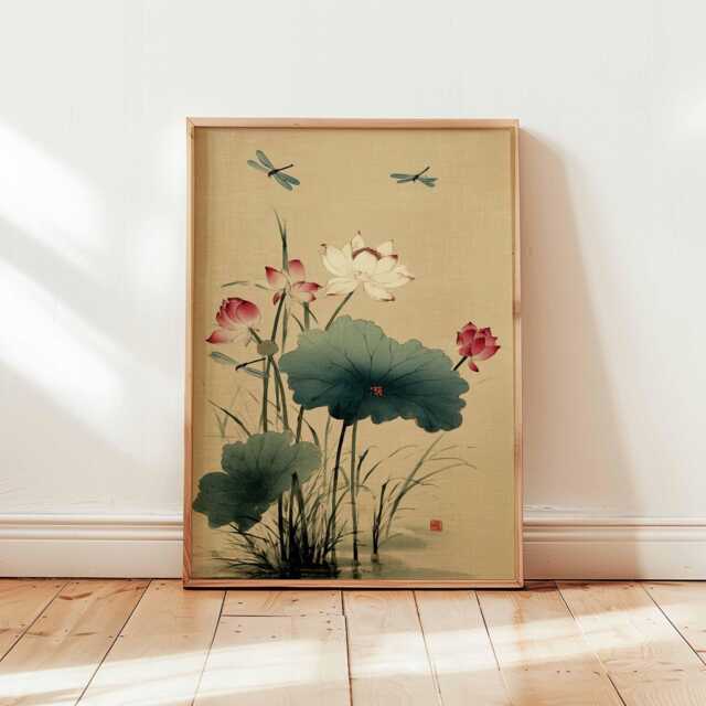 Lotus Wall Art Print, Japanese Botanical Poster, Dragonfly Nature Decor, Oriental Floral Painting, Zen Unframed Asian Artwork - image 1