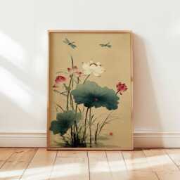Lotus Wall Art Print, Japanese Botanical Poster, Dragonfly Nature Decor, Oriental Floral Painting, Zen Unframed Asian Artwork - thumbnail 1