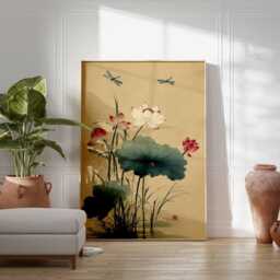 Lotus Wall Art Print, Japanese Botanical Poster, Dragonfly Nature Decor, Oriental Floral Painting, Zen Unframed Asian Artwork - thumbnail 2