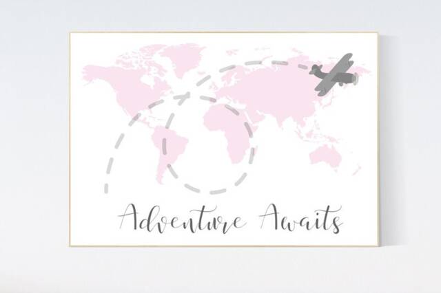 Pink World Map Nursery Print Adventure Awaits Wall Art - image 1