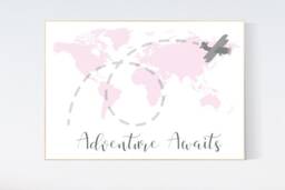 Pink World Map Nursery Print Adventure Awaits Wall Art - thumbnail 1