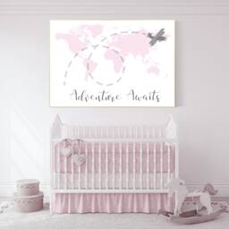 Pink World Map Nursery Print Adventure Awaits Wall Art - thumbnail 2