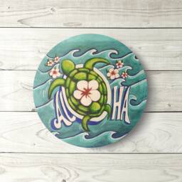 Aloha Honu Circle - Cute Vintage Style Tropical Hawaiian Aloha Sea Turtle Wood Sign Wall Decor - thumbnail 1