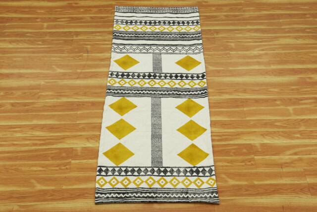 Handmade Block Printed Cotton Rug, Yellow Kilim Runner - image 1