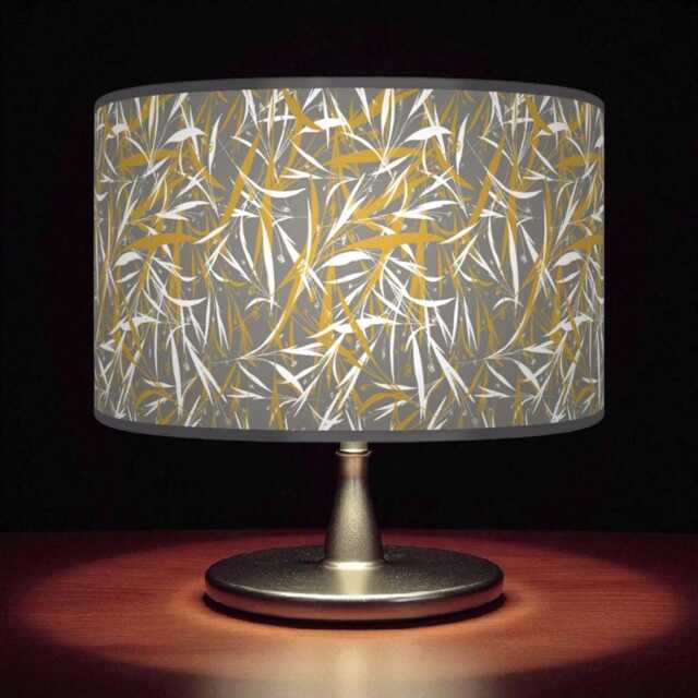Mustard Yellow Grey White Leaves Print Lampshade - Handmade Floral Drum Pendant Botanical Ceiling Light For Modern Natural Interiors - image 1
