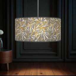 Mustard Yellow Grey White Leaves Print Lampshade - Handmade Floral Drum Pendant Botanical Ceiling Light For Modern Natural Interiors - thumbnail 3