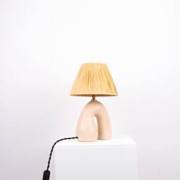 Handmade Ceramic Table Lamp Satin Cream Finish, Raffia Shade - thumbnail 2