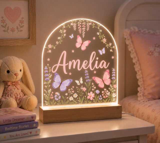 Personalised Night Light, Butterflies, New Baby, 1st Birthday, Christening Gift, Nursery Light - image 1