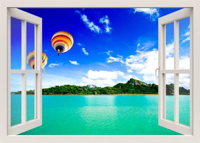 Air Balloons Wall Decal, Sticker, Nature Mural, 3D Window View Home Living Room Decor
