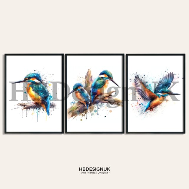 Kingfisher Poster Set - Of 3 Prints - Watercolor Kingfishers Painting Present Picture Animal Wall Art Wildlife Gifts Birthday - image 1