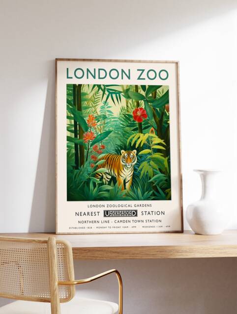 London Zoo Print, Tiger Animal Poster, Botanical Decor, Henri Rousseau Wall Art, Tropical Jungle Safari Print - image 1