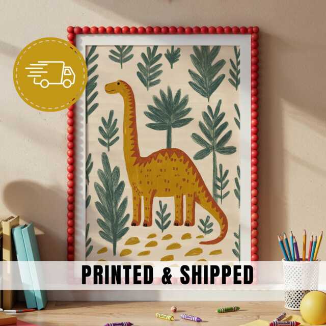 Tall Dinosaur Nursery Art Long Neck Kids Print Jungle Leafy Decor Cute Dino Toddler Playroom Wall Nature Inspired Bedroom - 45 - image 1