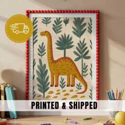 Tall Dinosaur Nursery Art Long Neck Kids Print Jungle Leafy Decor Cute Dino Toddler Playroom Wall Nature Inspired Bedroom - 45 - thumbnail 1