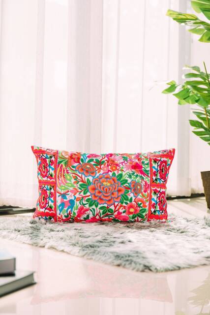 12x20 Pink Garden Floral Embroidered Pillow Cover, Hmong Boho Cushion - Cs10-0Whi - image 1