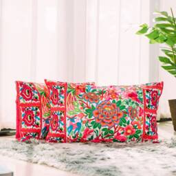 12x20 Pink Garden Floral Embroidered Pillow Cover, Hmong Boho Cushion - Cs10-0Whi - thumbnail 2