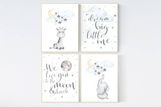 Elephant Giraffe Nursery Print Moon & Stars Wall Art - image 1