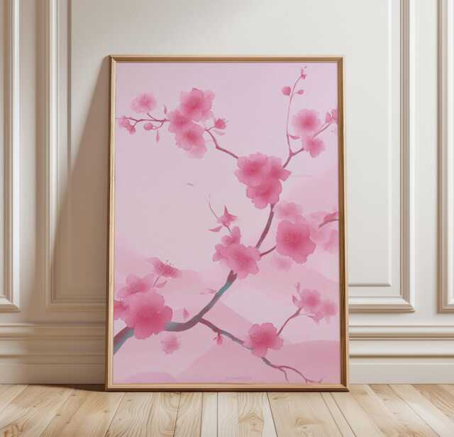 Pink Cherry Blossom Wall Art Poster Japanese Floral Illustration Sakura Print Minimal Home Decor Living Room Art, Style - image 1