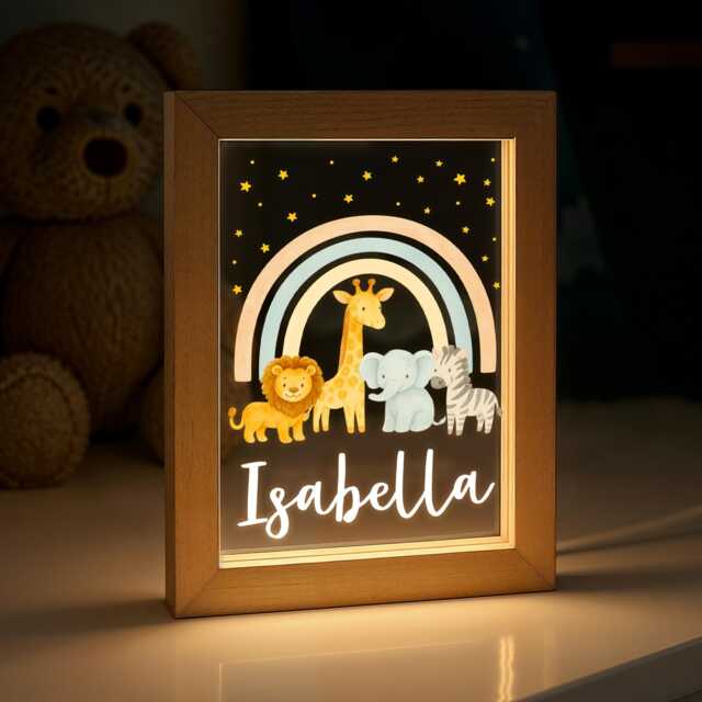 Personalised Led Animal Light Frame, Rainbow Night Light, Safari Lamp, Birthday Gift For Boy Or Girl, Bedroom Lights, Jungle Gifts - image 1