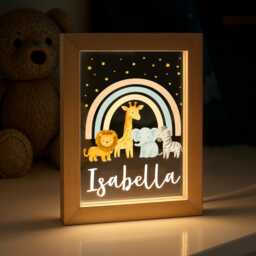 Personalised Led Animal Light Frame, Rainbow Night Light, Safari Lamp, Birthday Gift For Boy Or Girl, Bedroom Lights, Jungle Gifts - thumbnail 1
