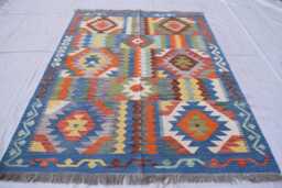 Handwoven Afghan Kilim Rug 6.8x4.11 Ft, Boho Tribal Wool Carpet - thumbnail 1