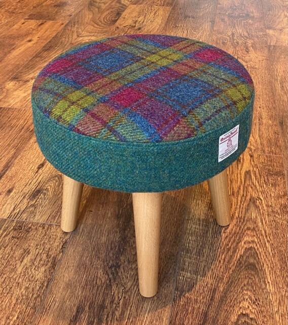 Tartan & Green Harris Tweed Footstool With Varnished Wooden Legs - image 1