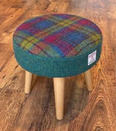 Tartan & Green Harris Tweed Footstool With Varnished Wooden Legs - thumbnail 1