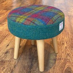 Tartan & Green Harris Tweed Footstool With Varnished Wooden Legs - thumbnail 3