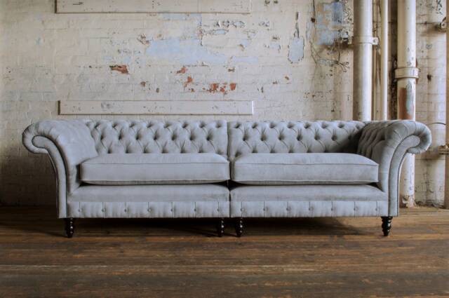 British Handmade 4 Seater Light Grey Textured Velvet Chesterfield Sofa - Split Design - image 1