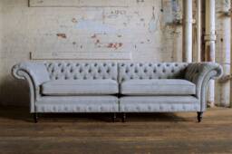 British Handmade 4 Seater Light Grey Textured Velvet Chesterfield Sofa - Split Design - thumbnail 1